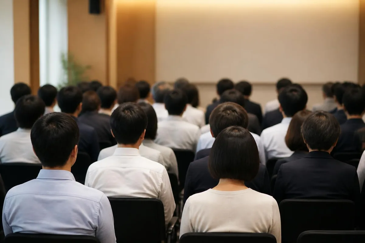 会場の後ろから見た、前方の話を聞く社員たちの後ろ姿
