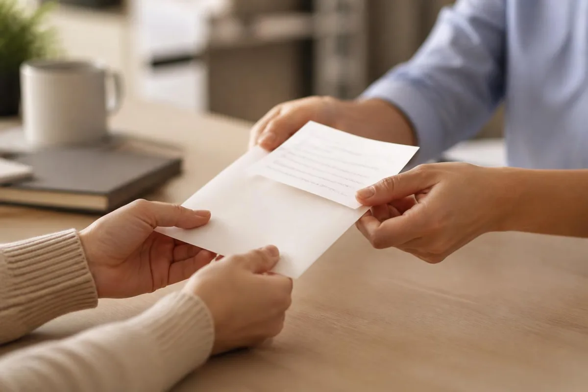 社長が社員に、封筒と手書きのメッセージカードを手渡している手元