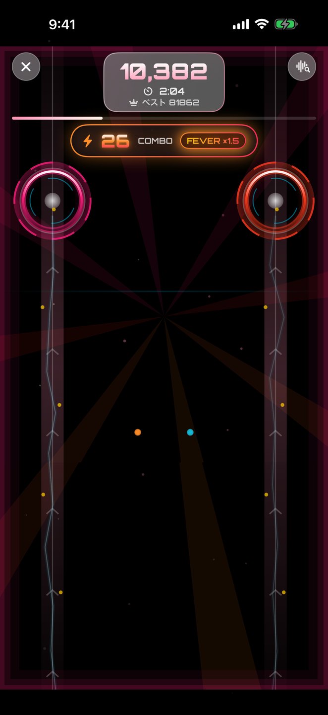 BeMOSSのボクササイズ音ゲー画面。左右の判定リングに向かってノーツが流れ、FEVER中