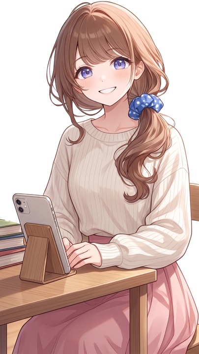 机のスタンドにスマホを立てかける女の子のイラスト